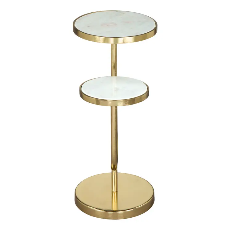 22" White And Gold Marble And Iron Two Tier Round End Table
