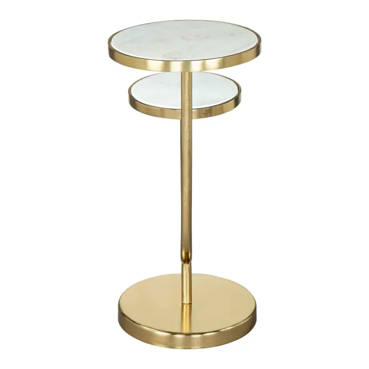 22" White And Gold Marble And Iron Two Tier Round End Table