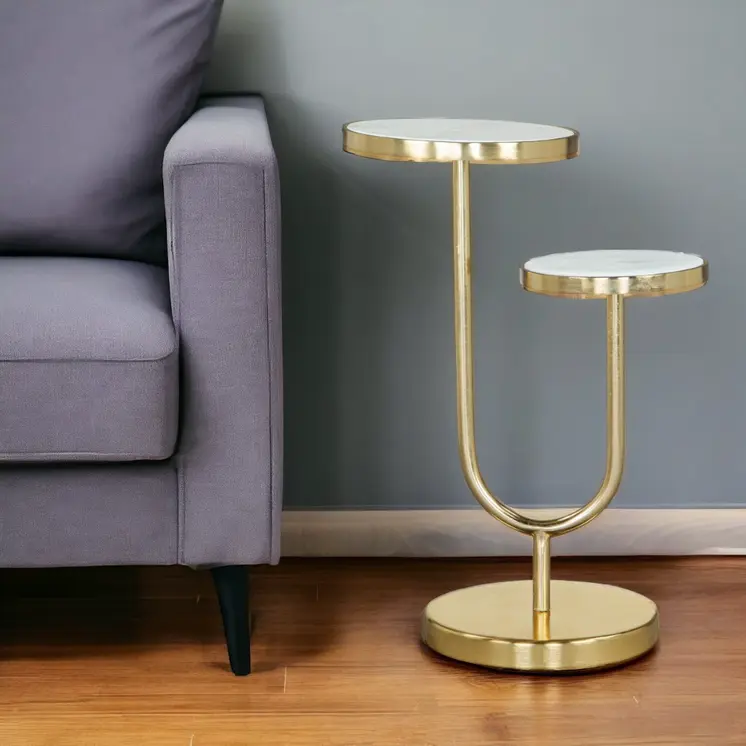 22" White And Gold Marble And Iron Two Tier Round End Table