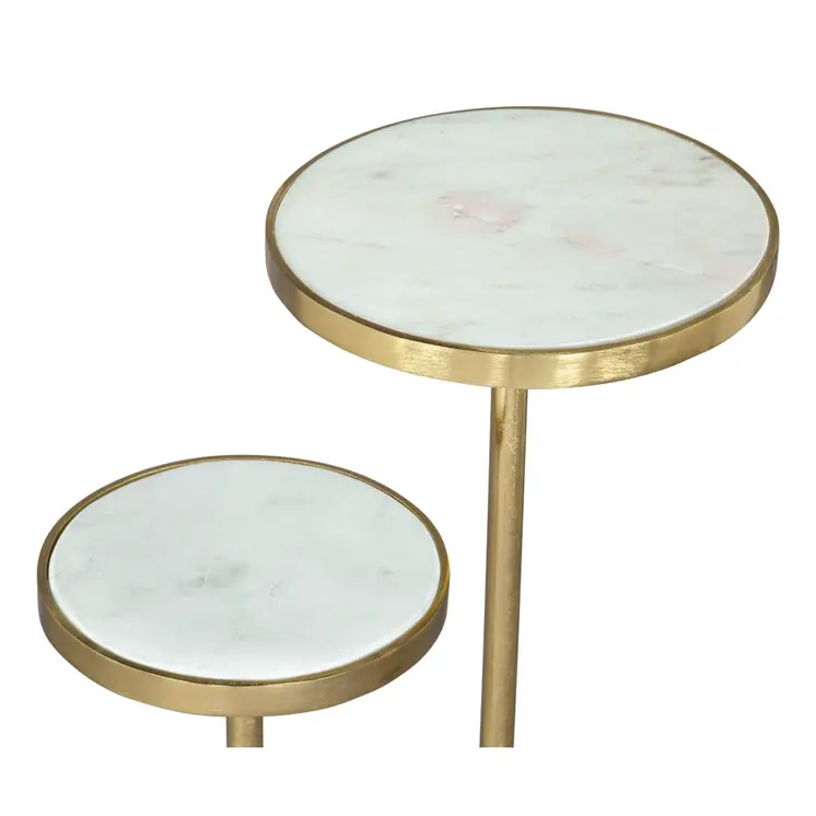 22" White And Gold Marble And Iron Two Tier Round End Table