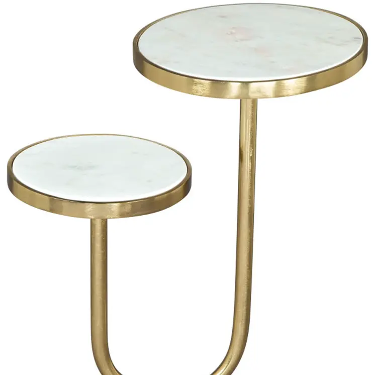 22" White And Gold Marble And Iron Two Tier Round End Table