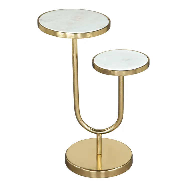 22" White And Gold Marble And Iron Two Tier Round End Table