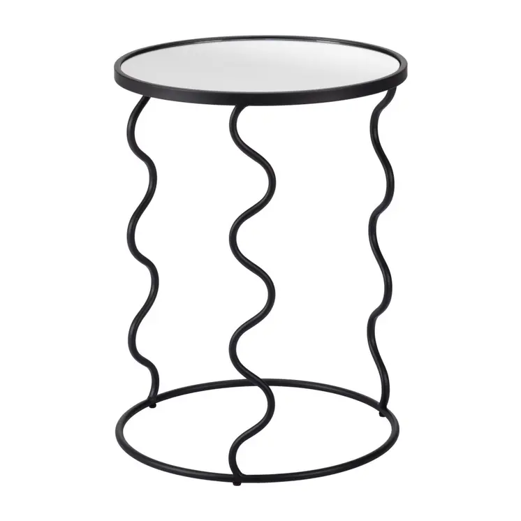 24" Black Mirrored Glass and Steel Round Abstract End Table