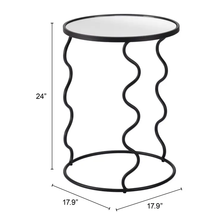 24" Black Mirrored Glass and Steel Round Abstract End Table