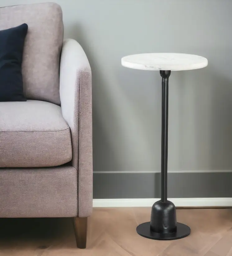 25" White And Black Marble And Aluminum Round Pedestal End Table