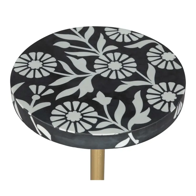 22" Black White And Gold Wood Marble And Iron Round Pedestal End Table