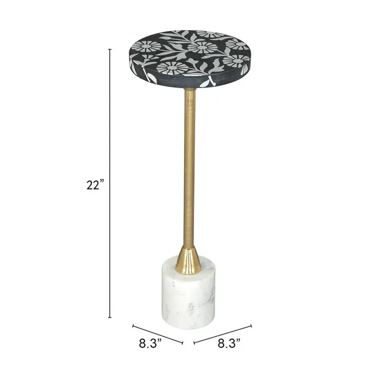 22" Black White And Gold Wood Marble And Iron Round Pedestal End Table
