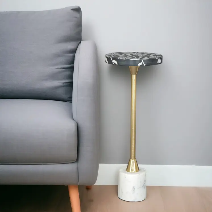 22" Black White And Gold Wood Marble And Iron Round Pedestal End Table