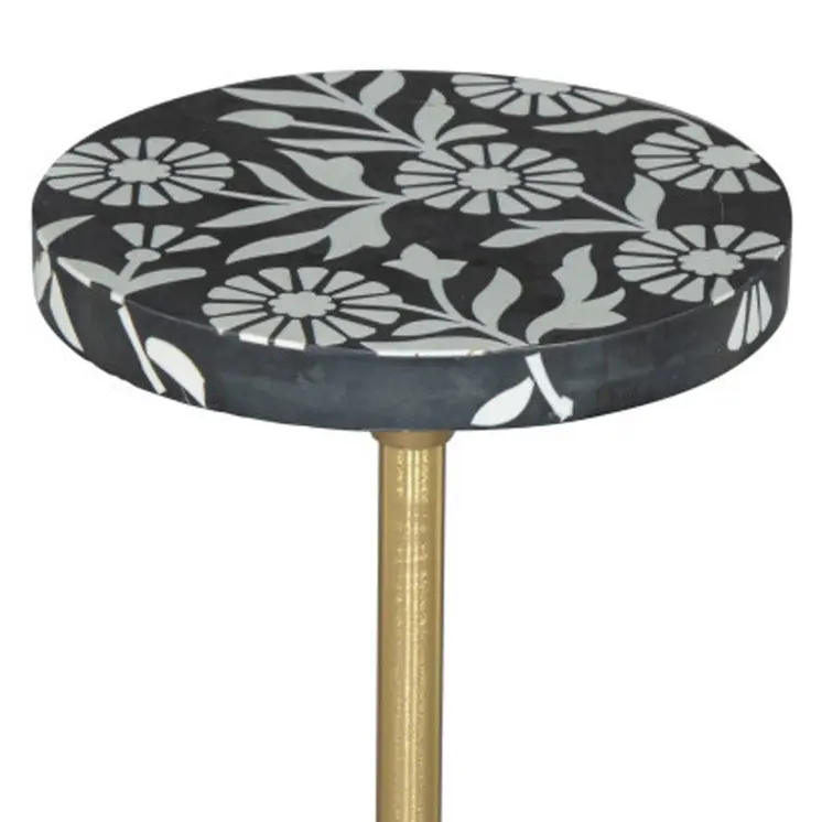 22" Black White And Gold Wood Marble And Iron Round Pedestal End Table