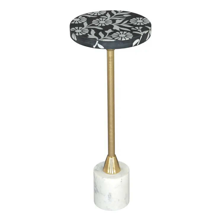 22" Black White And Gold Wood Marble And Iron Round Pedestal End Table