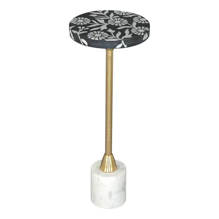 22" Black White And Gold Wood Marble And Iron Round Pedestal End Table