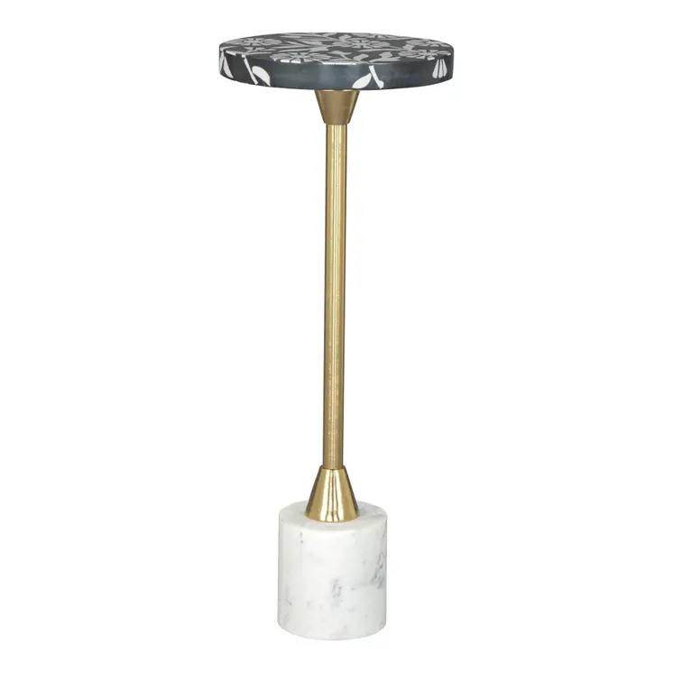 22" Black White And Gold Wood Marble And Iron Round Pedestal End Table
