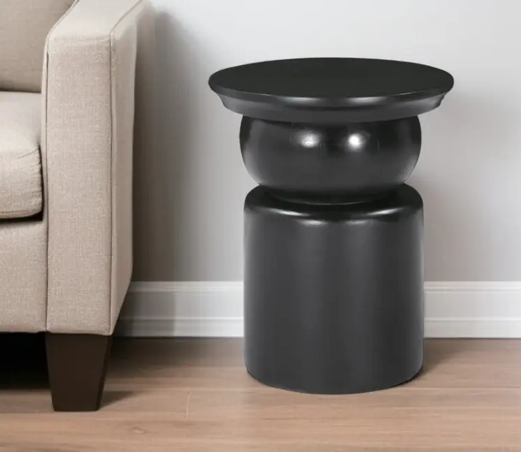 20" Black Solid Wood Round Drum End Table