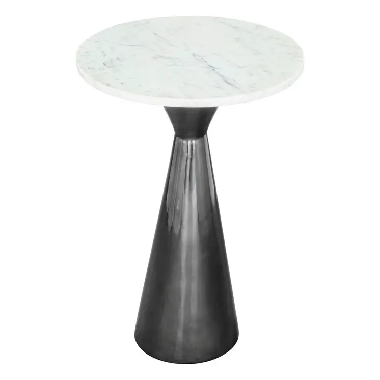 23" White And Black Marble And Steel Round Pedestal End Table