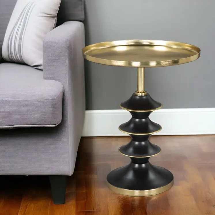 22" Gold And Black Iron Round Pedestal End Table