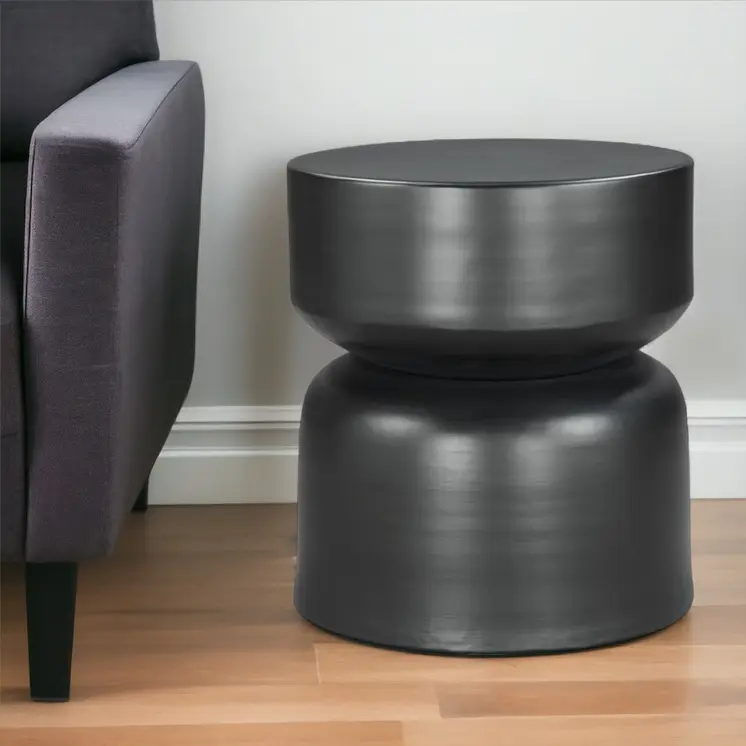 20" Black Iron Round Drum End Table