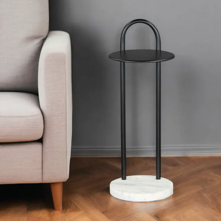 22" Black And White Iron And Marble Round C Table End Table