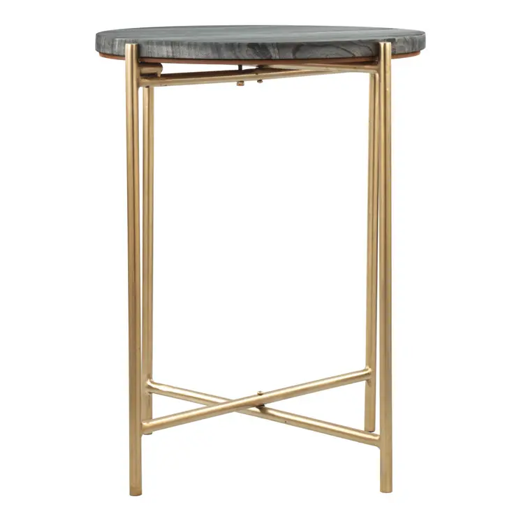22" Gray and Gold Marble and Iron Round End Table