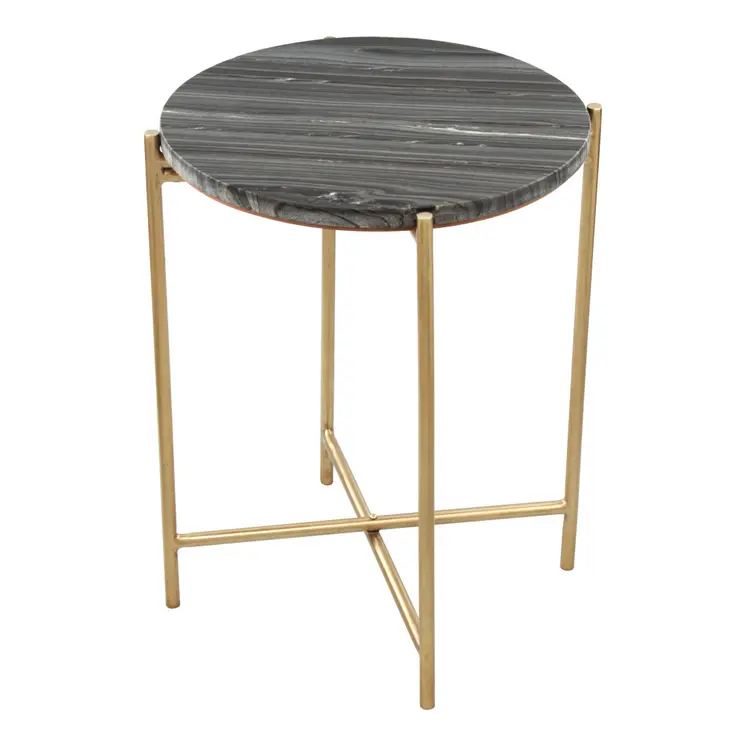 22" Gray and Gold Marble and Iron Round End Table