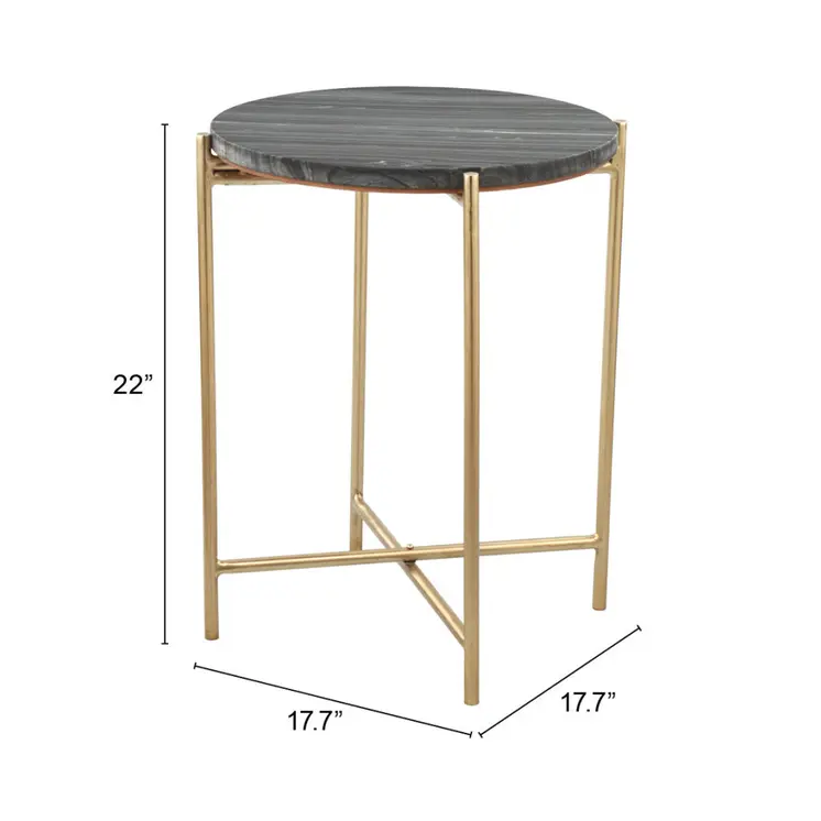 22" Gray and Gold Marble and Iron Round End Table