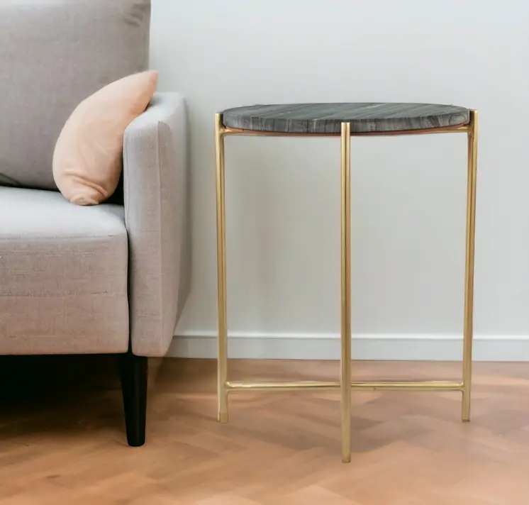 22" Gray and Gold Marble and Iron Round End Table