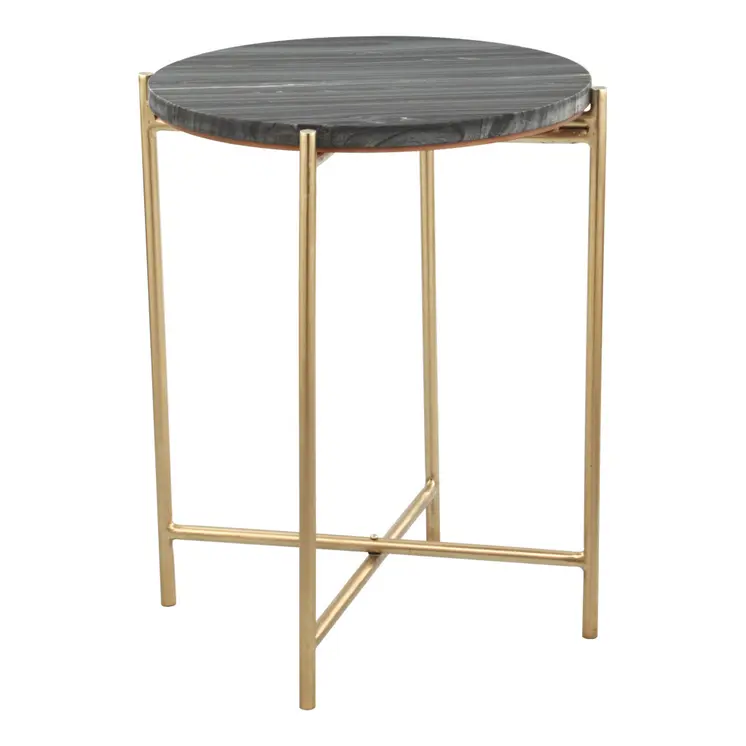 22" Gray and Gold Marble and Iron Round End Table