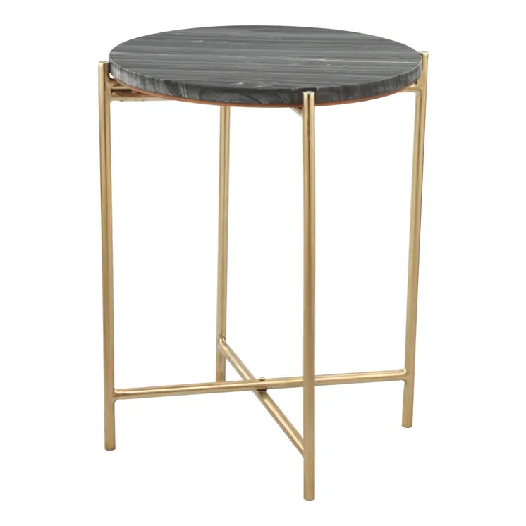22" Gray and Gold Marble and Iron Round End Table