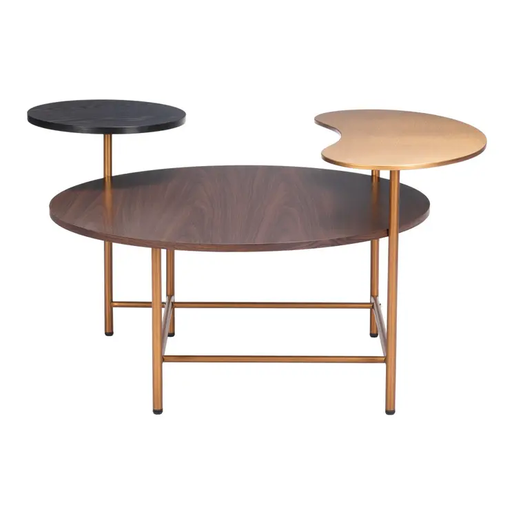 55" Brown Black and Gold Wood and Steel Three Tier Coffee Table