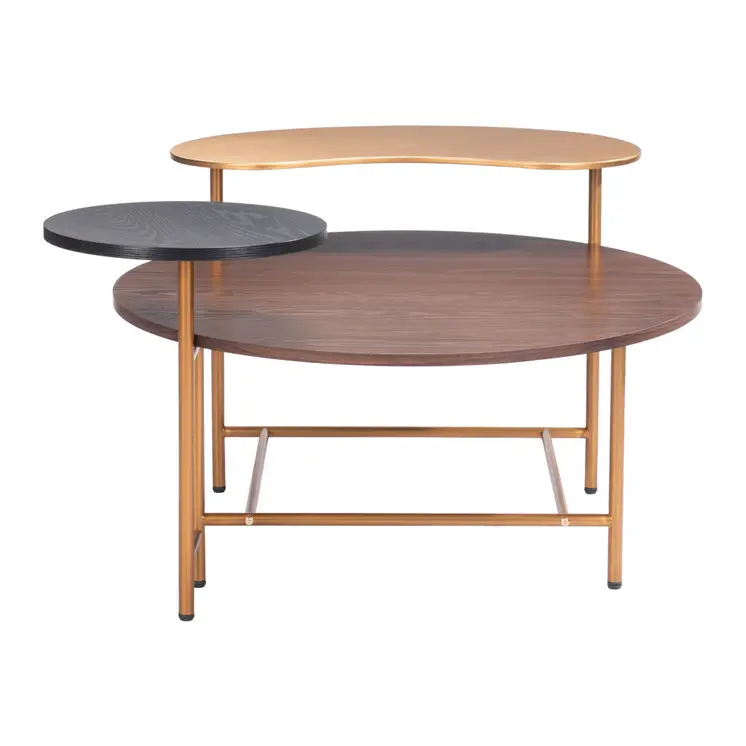 55" Brown Black and Gold Wood and Steel Three Tier Coffee Table