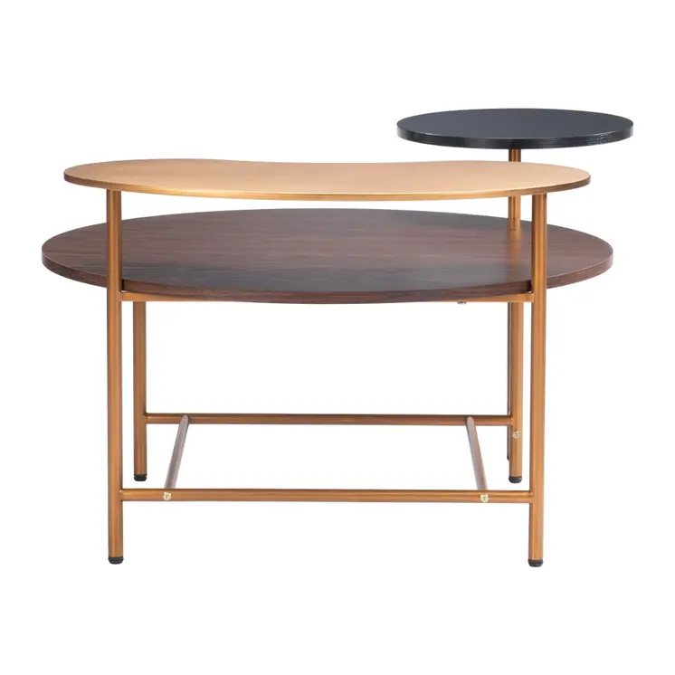 55" Brown Black and Gold Wood and Steel Three Tier Coffee Table