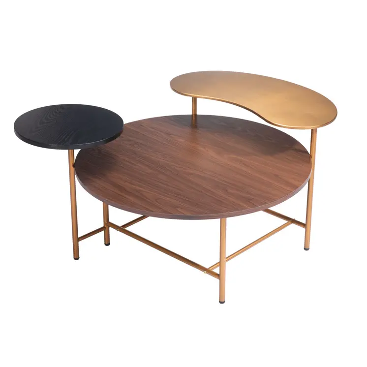 55" Brown Black and Gold Wood and Steel Three Tier Coffee Table