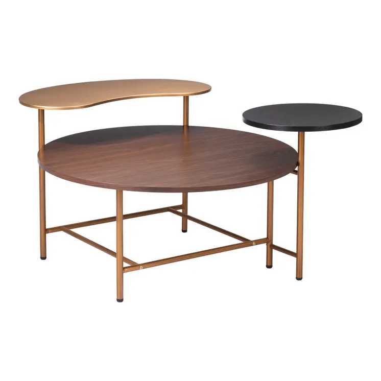 55" Brown Black and Gold Wood and Steel Three Tier Coffee Table