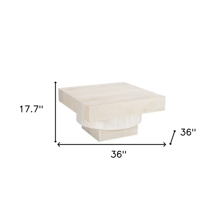 36" Natural White Solid Wood Square Geo Pedestal Coffee Table
