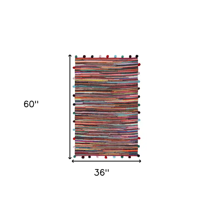 3' X 5' Red and Black Striped Hand Woven Area Rug With Fringe