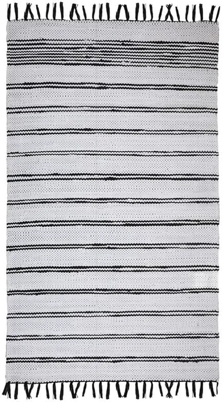 4' X 6' Black And White Striped Hand Woven Washable Area Rug With Fringe