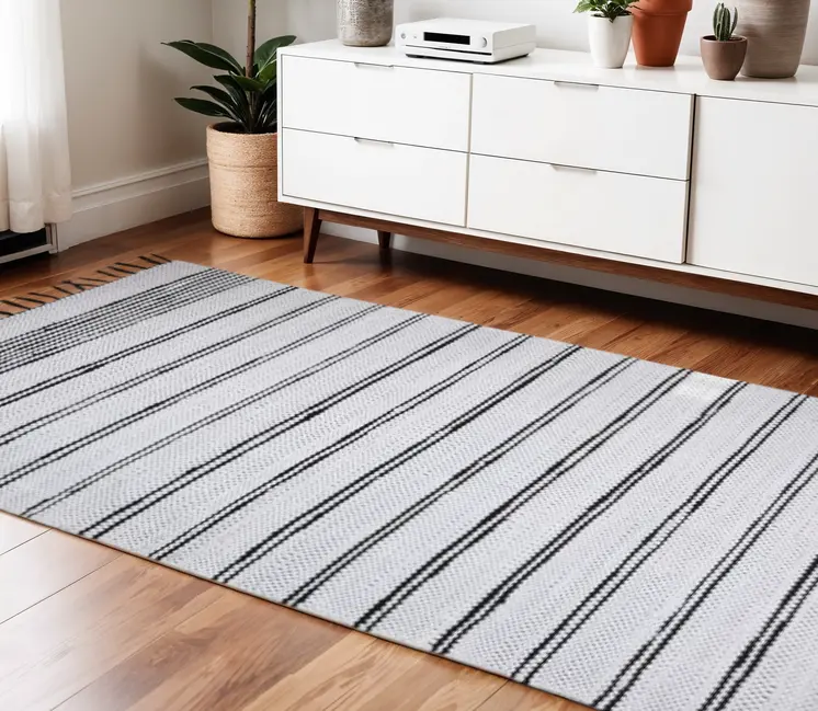 4' X 6' Black And White Striped Hand Woven Washable Area Rug With Fringe