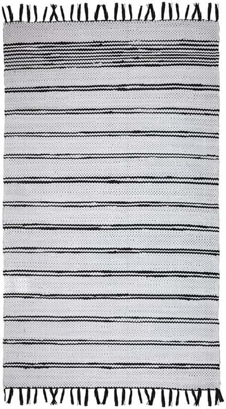 4' X 6' Black And White Striped Hand Woven Washable Area Rug With Fringe