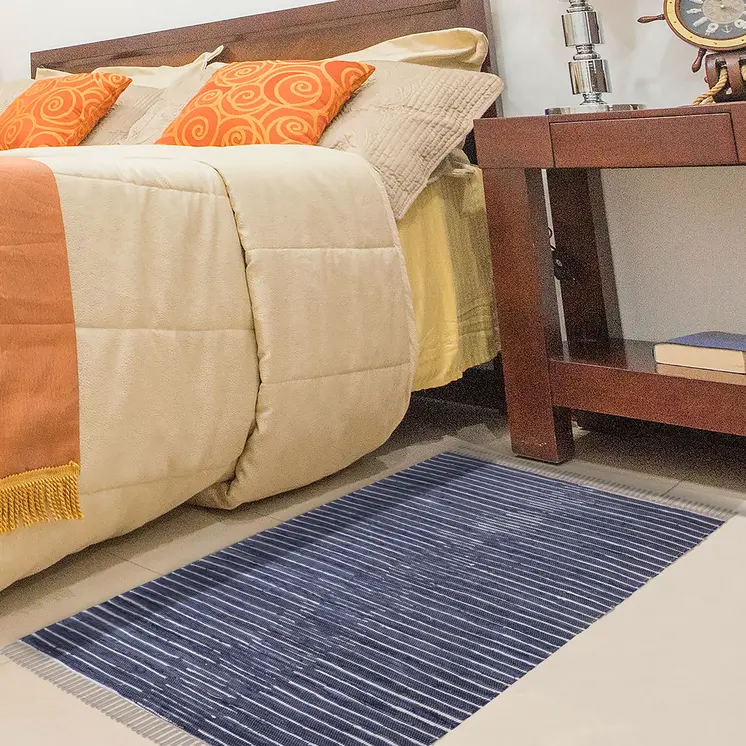 3' X 5' Navy and White Striped Handmade Indoor Outdoor Area Rug