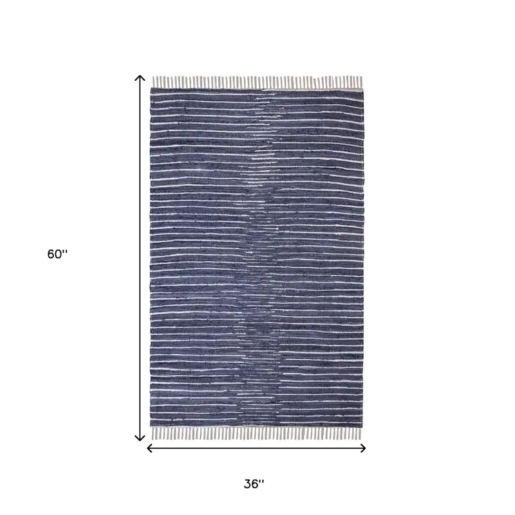 3' X 5' Navy and White Striped Handmade Indoor Outdoor Area Rug