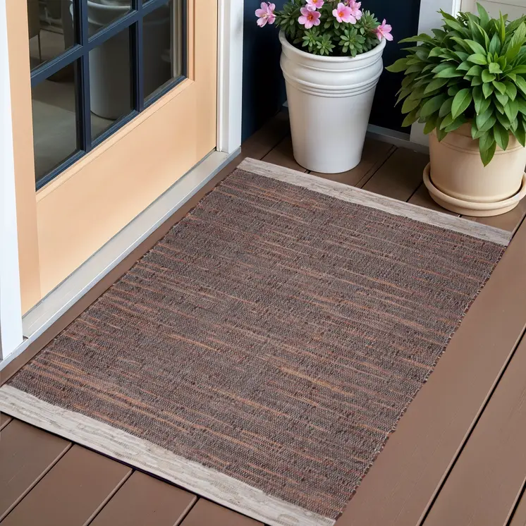 2' X 3' Tan Black and Beige Patchwork Handmade Indoor Outdoor Area Rug