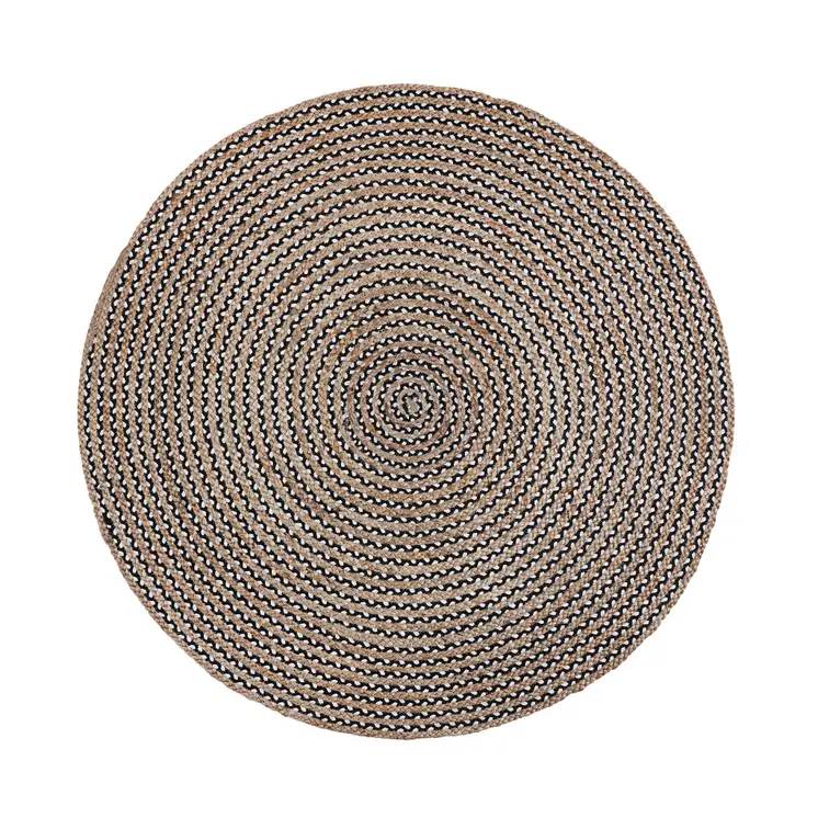 6' Natural And Black Jute Vermicular Hand Woven Round Rug