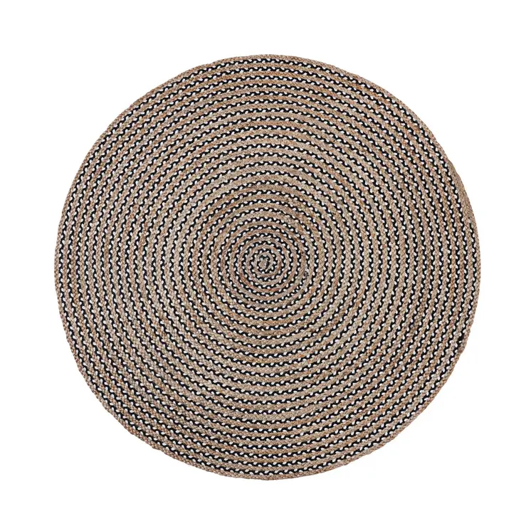 6' Natural And Black Jute Vermicular Hand Woven Round Rug