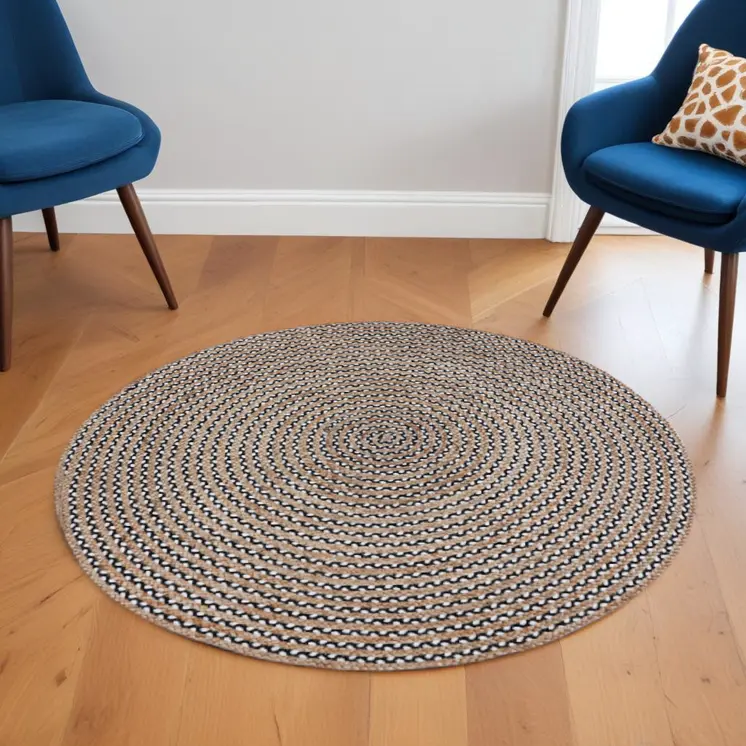 6' Natural And Black Jute Vermicular Hand Woven Round Rug