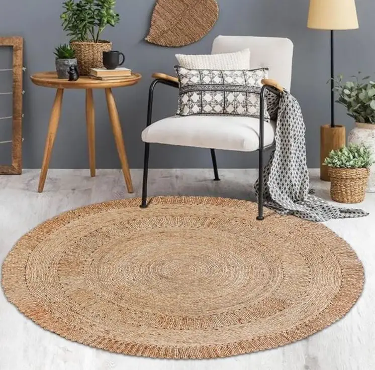 6' Natural Jute Geometric Hand Braided Round Rug