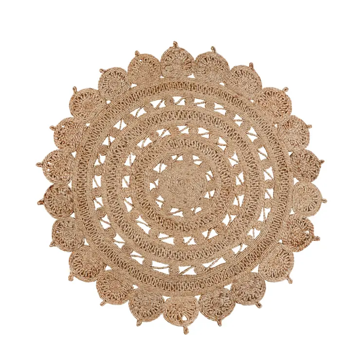 4' Natural Jute Floral Medallion Hand Braided Round Rug
