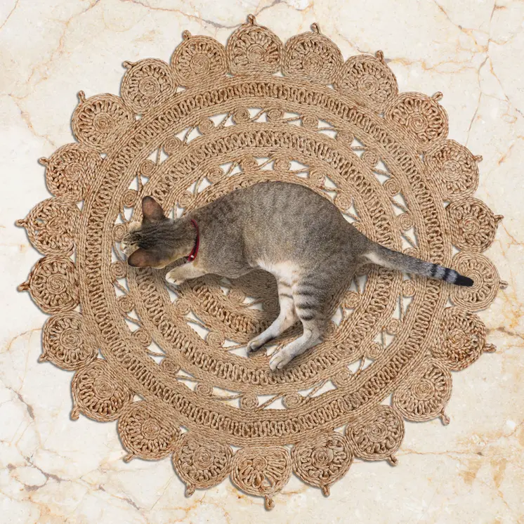 4' Natural Jute Floral Medallion Hand Braided Round Rug
