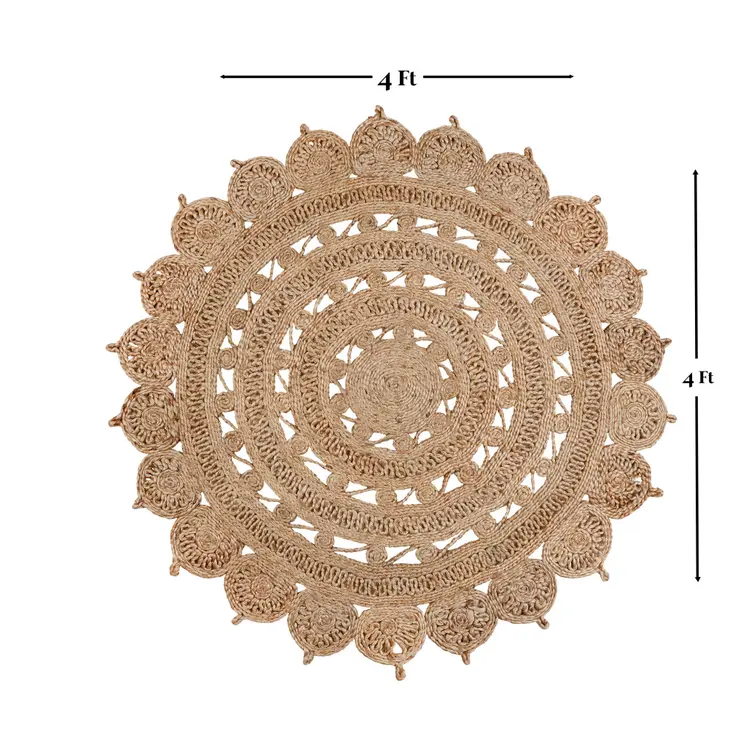 4' Natural Jute Floral Medallion Hand Braided Round Rug