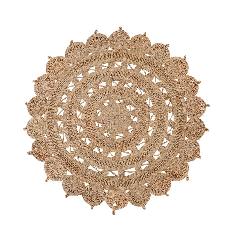4' Natural Jute Floral Medallion Hand Braided Round Rug
