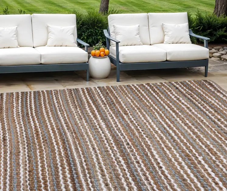 8' X 10' Brown and White Striped Handmade Indoor Outdoor Area Rug