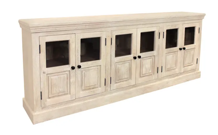 93" White Solid Wood Distressed Sideboard with Six Glass Doors